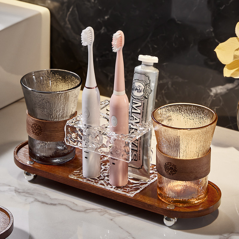 雅港玻璃漱口杯家用情侣一对刷牙杯子高颜值洗漱杯牙刷置物架套装