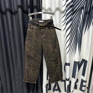 子 高腰宽松阔腿弯刀老爹长裤 豹纹复古哈伦牛仔裤 女2025年春秋新款