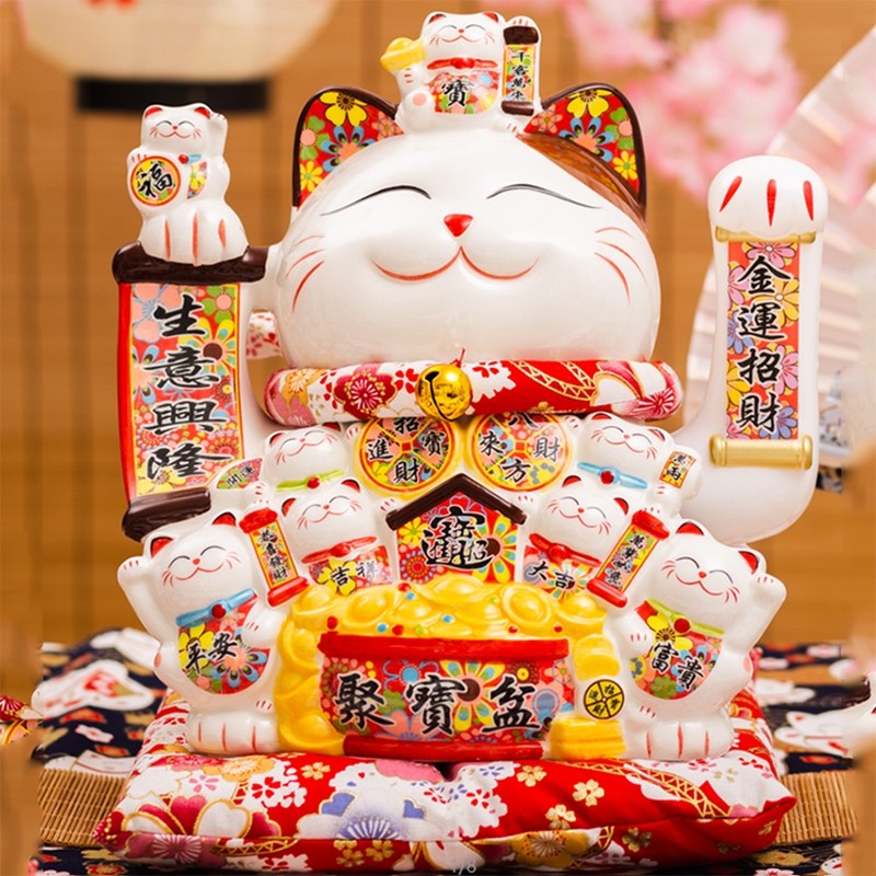 招财猫摆件摇手12寸大号陶瓷自动招手收银台家居店铺开业送礼品