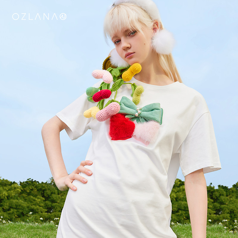 OZLANA2022 summer new pattern T-shirt Cartoon pattern Chapter stickers Sense of design Internal lap Solid Short sleeved jacketin the Women's clothing/Boutique , T-shirt  category - from Buy2taobao.com to provide professional Taobao agent buy service