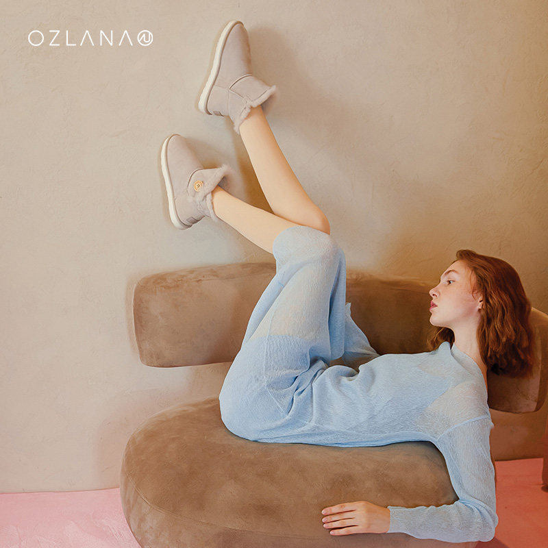 ozlana 冬季新款雪地靴女羊皮毛一体加绒加厚保暖扭扣短筒女靴