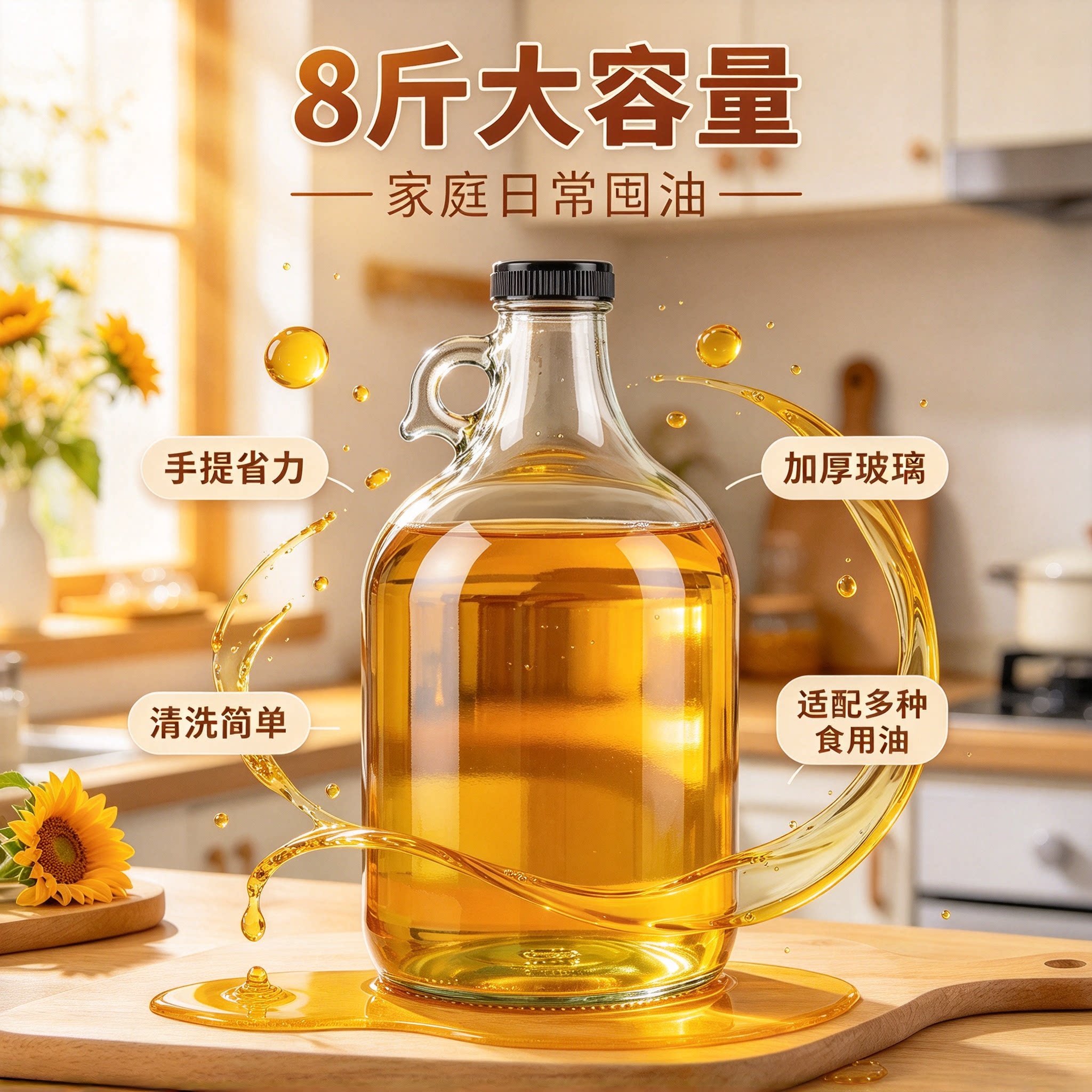 大容量食用油分装瓶加厚透明玻璃带提手油瓶空瓶家用密封防漏瓶子