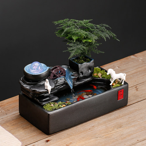 流水生财装饰摆件水晶球水车招财