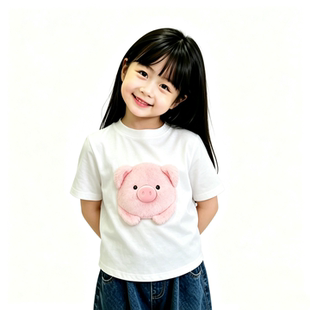 2026新款夏装儿童T恤女童短袖可爱立体动物小猪图案上衣半袖女孩