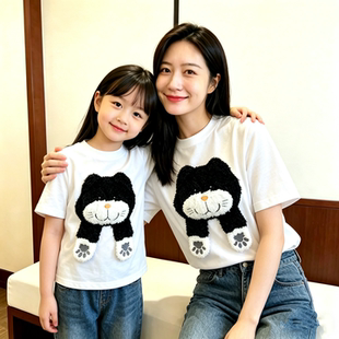 高端高级感不一样的亲子装母女款洋气立体猫咪图案T恤母子装夏装