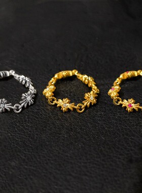 925银美系十字架tiny e链条戒指十字链指环镶钻镀金22K金链条戒指