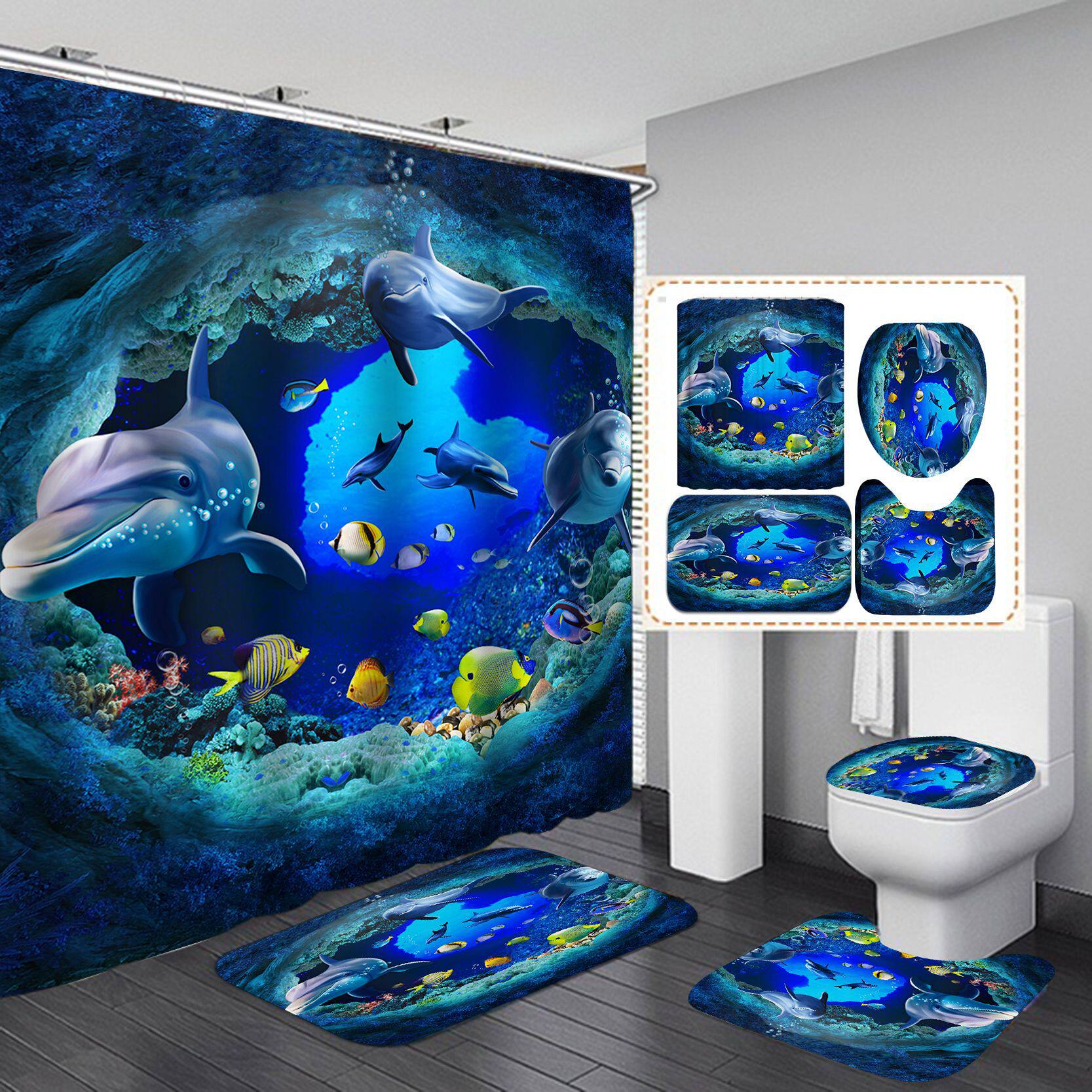 蓝色海豚防水浴帘海洋生