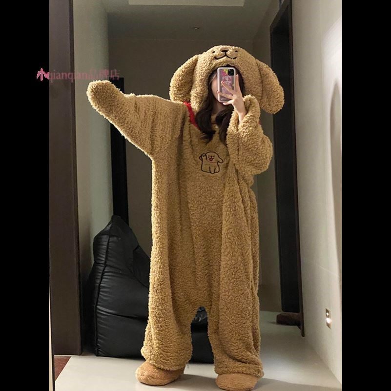 可爱卡通动漫小熊珊瑚绒连体睡衣女款冬季2025年一体式家居服ins