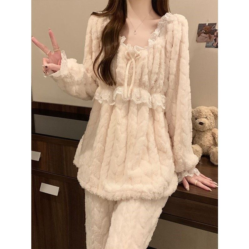 珊瑚绒睡衣女秋冬季可爱外穿加厚大码法兰绒睡裙女保暖家居服套装