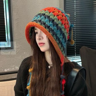 民族风彩虹毛线 线帽子女可爱保暖针织帽甜美秋冬护耳流苏辫子包