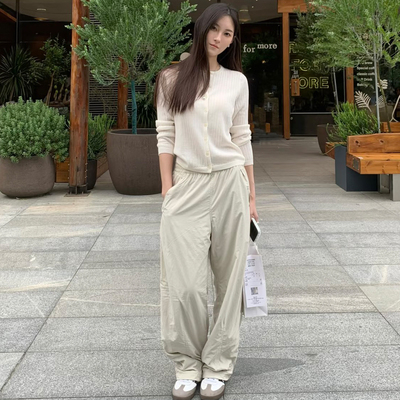 日系25秋冬新款女装松紧腰加绒保暖休闲长裤/直筒束脚裤子479402