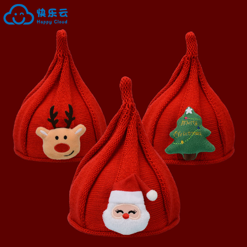 宝宝圣诞帽子红色婴儿针织毛线帽