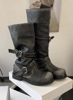 张元英同款复古堆堆靴粗跟旅游做旧西部牛仔靴女废土风长筒骑士靴