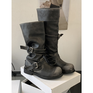 张元 复古堆堆靴粗跟旅游做旧西部牛仔靴女废土风长筒骑士靴 英同款