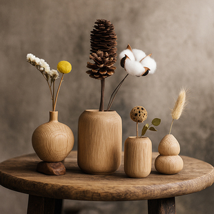 日式 饰摆件 禅意花瓶实木干花花器木质工艺品木制ins侘寂风家居装