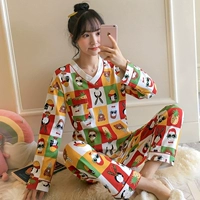 Bộ đồ ngủ dài tay mùa xuân và mùa thu cotton của Qiansheng nữ phiên bản Hàn Quốc của mùa thu đông dễ thương phục vụ nhà mùa hè cho sinh viên bộ đồ hai mảnh - Bộ Pajama thời trang mặc nhà