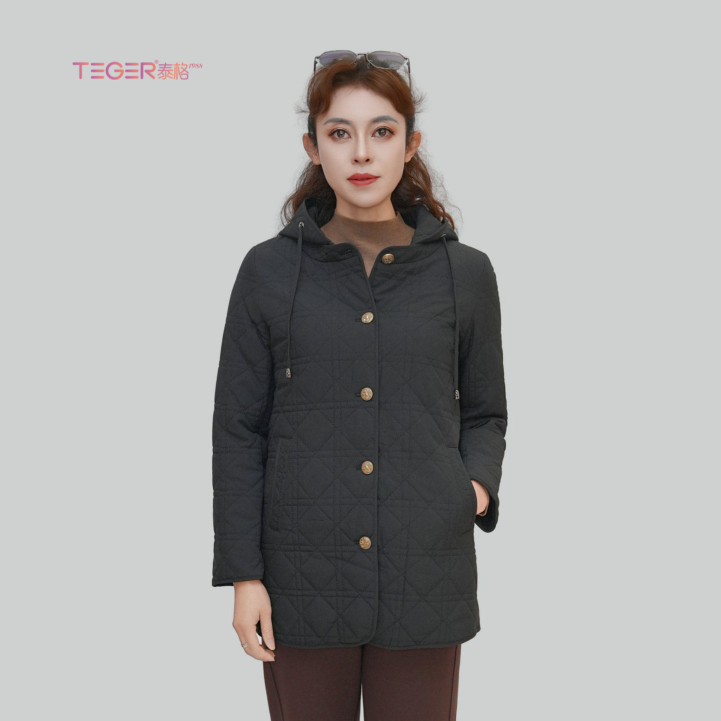 泰格女装时尚夹棉外套中长款轻薄款棉服宽松加肥加大码中年女装