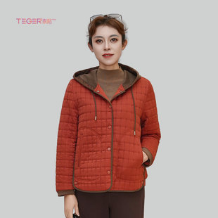 泰格女装2025冬装新款休闲合体常规连帽棉衣休闲棉服中年大码女装