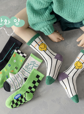 儿童袜子春秋纯棉绿色笑脸棋盘格潮袜街舞滑板袜男女童秋冬中筒袜
