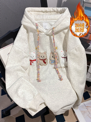 大码美式潮牌刺绣连帽卫衣女秋冬季新款加绒加厚宽松百搭上衣外套