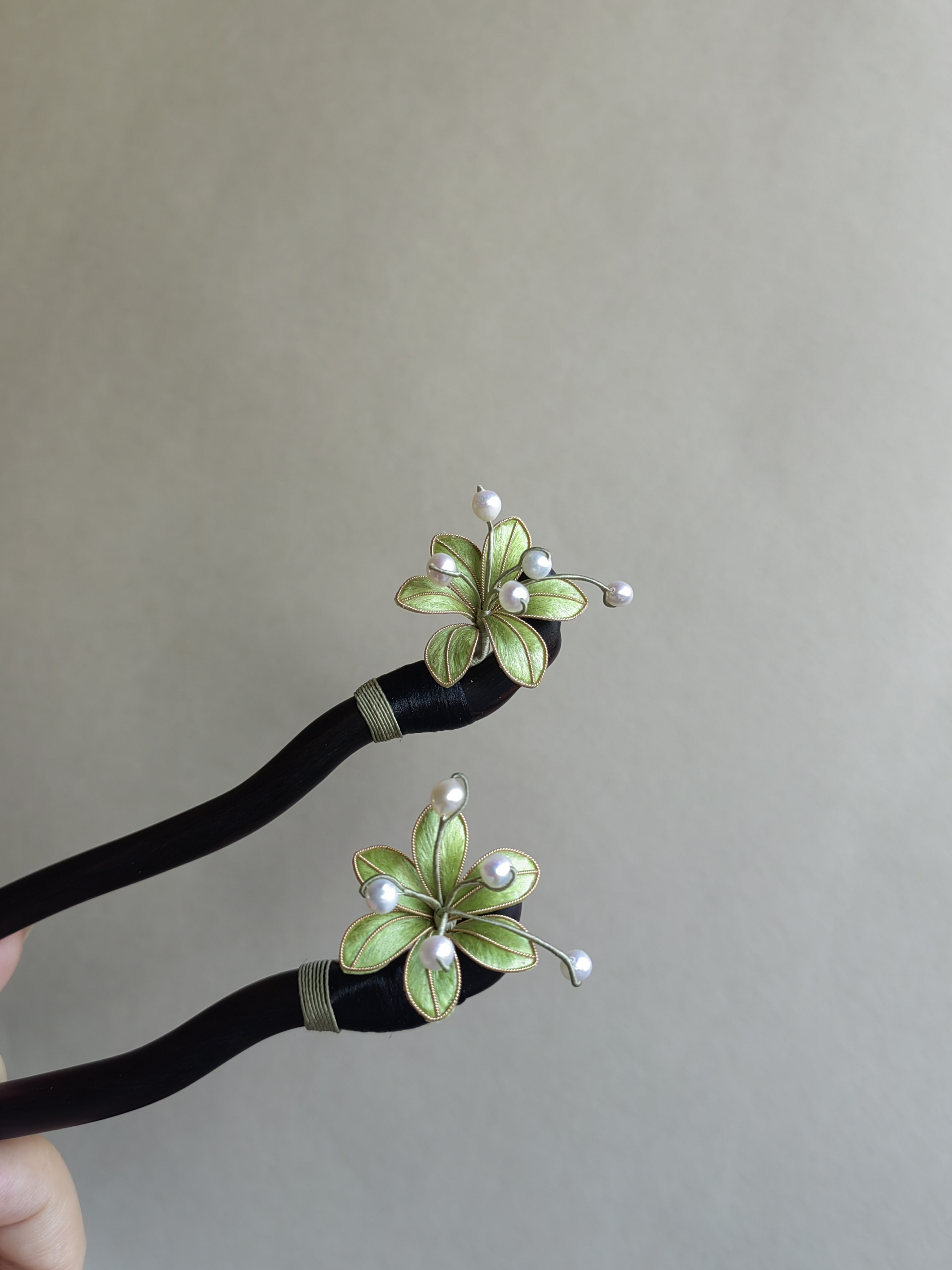 起居录手工盘发绒花发簪发饰清新珍珠掐丝绒花日常小簪子