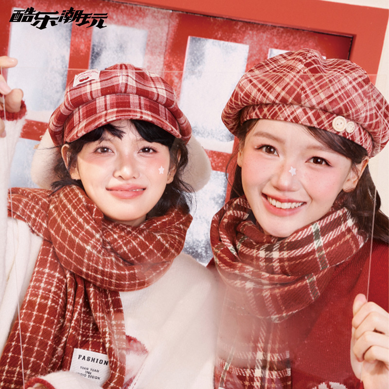 酷乐潮玩甜心莓莓复古格纹八角帽棒球帽甜美可爱圣诞新年画家帽子