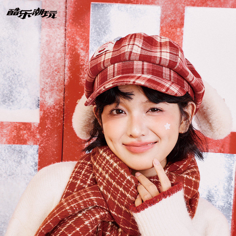 酷乐潮玩少女格纹立体兔耳朵八角帽可爱撞色韩系甜酷显脸小画家帽