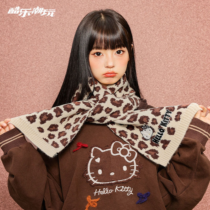 酷乐潮玩三丽鸥拼色棒球帽女新款大脸显脸小kitty豹纹围巾超好看
