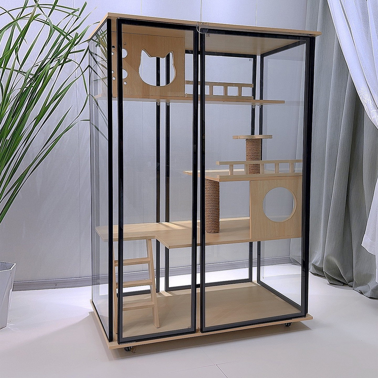 实木猫笼子室内全景超大透明豪华猫别墅家用一体猫柜猫窝双层猫屋