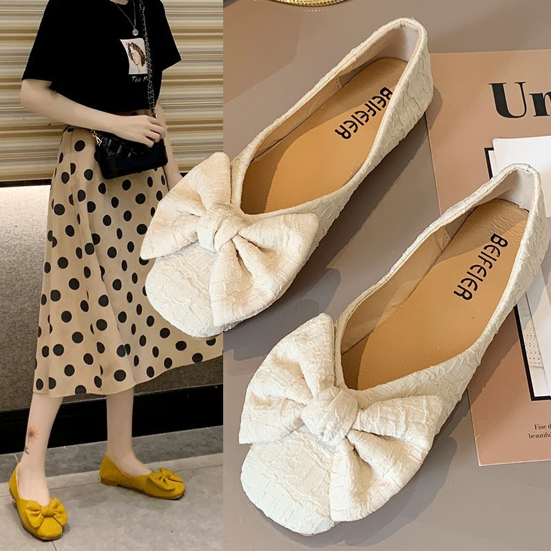 蝴蝶结单鞋女2022年新款春秋浅口百搭方头平底鞋仙女晚晚风温柔鞋