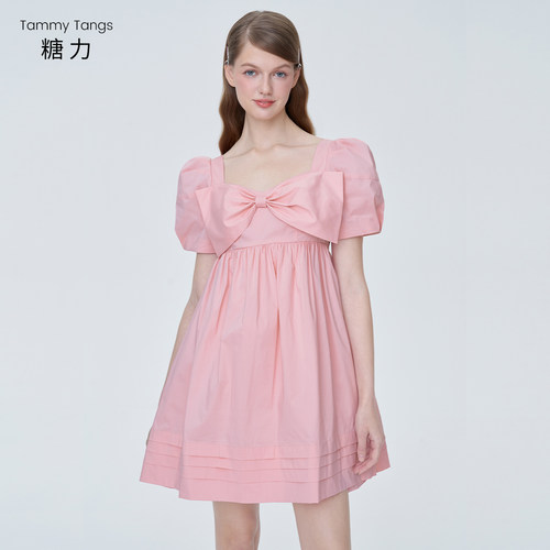 糖力短袖蝴蝶结衬衫连衣裙女