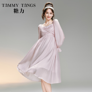 长袖 在逃公主裙 蝴蝶结绑带莱赛尔混纺连衣裙女春秋 糖力 商场同款