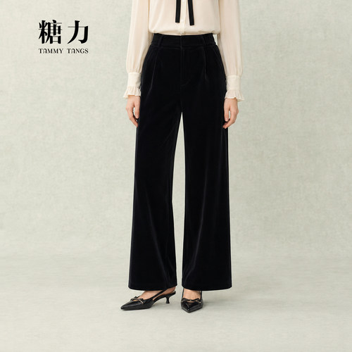 糖力高腰复古丝绒休闲裤长裤女