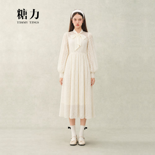 糖力气质优雅中长款蕾丝连衣裙女