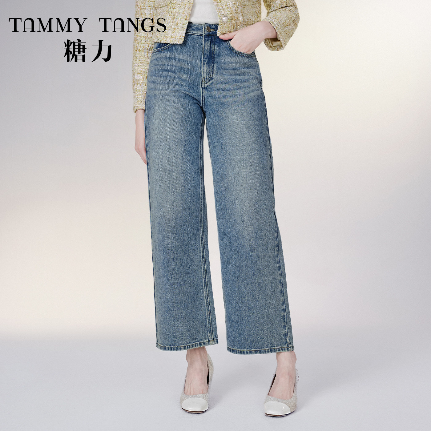【商场同款】糖力 蓝色水晶钻饰直筒阔腿裤 纯棉丹宁牛仔裤长裤女