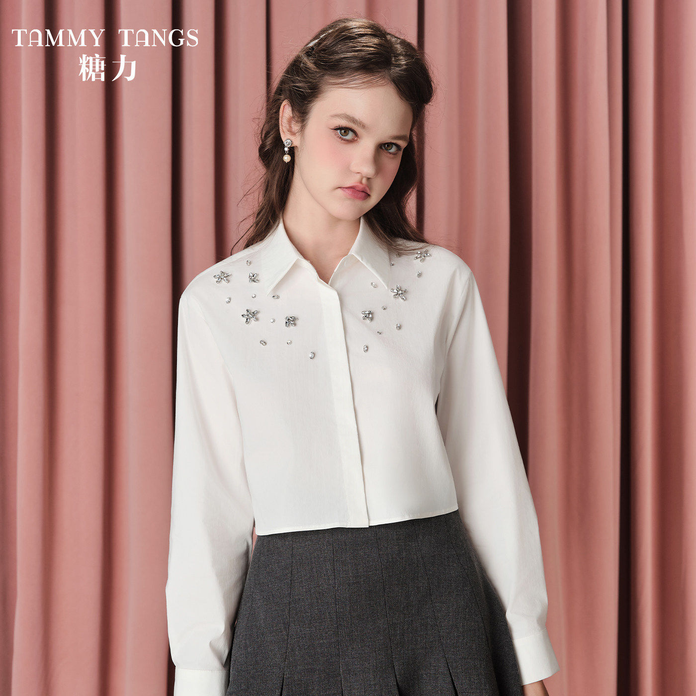 商场同款糖力 白色手缝钻饰衬衫上衣 春秋季短款长袖纯棉衬衣女
