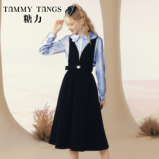 深V性感露背小礼服女 糖力 黑色高雅外穿背带连衣裙 商场同款