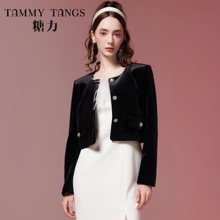 秋冬季 糖力 精致钻扣光泽感黑天鹅丝绒短外套女 商场同款