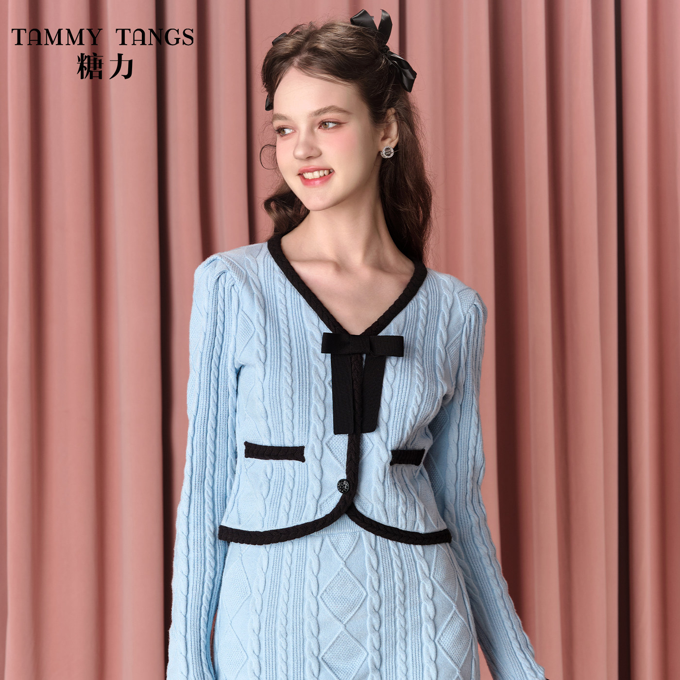 【商场同款】糖力 女团风撞色蝴蝶结麻花扭绳针织衫女短款毛织衫