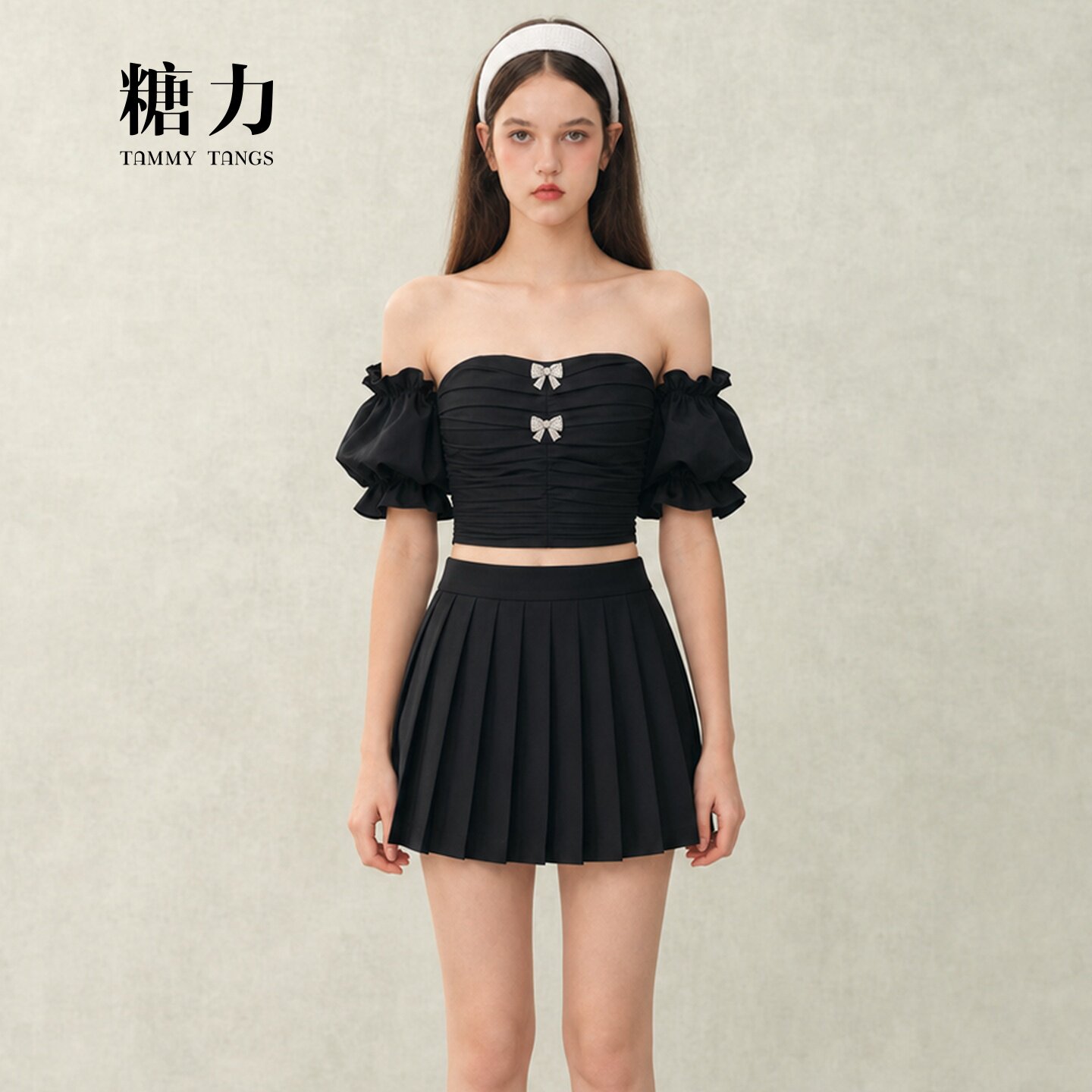 糖力甜辣千金风一字肩上衣女短款图片