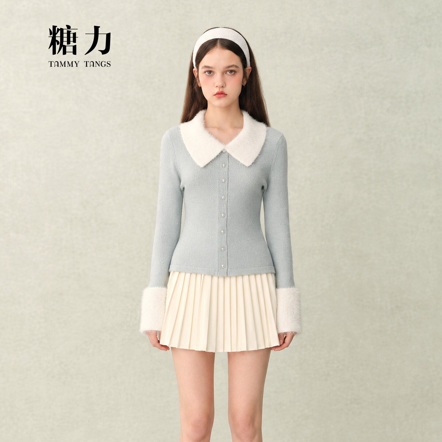 糖力翻领套头钉珠仿水貂针织衫女图片