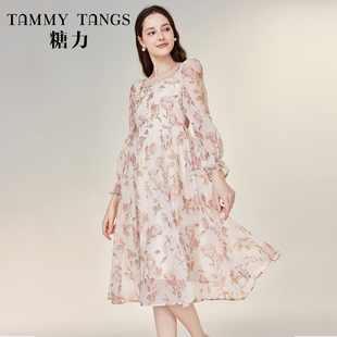 高腰显瘦中长款 欧根纱印花连衣裙女 长袖 春秋季 商场同款 糖力