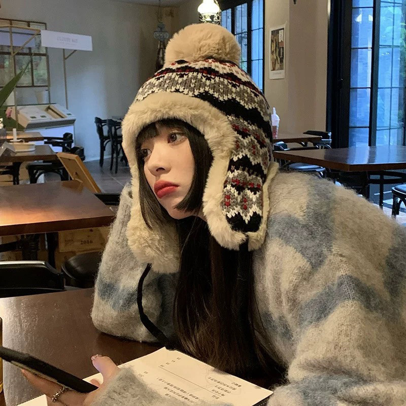 【加绒】洋气费尔岛！冬日民族风毛茸茸帽大头围保暖护耳毛线帽X