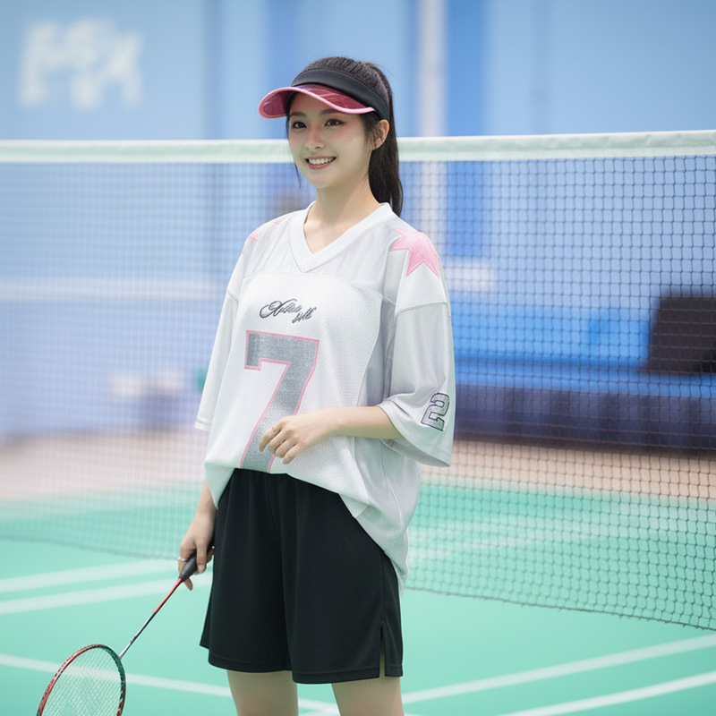 高颜值羽毛球服女士2025新款短袖美式复古宽松女T恤运动羽毛球服