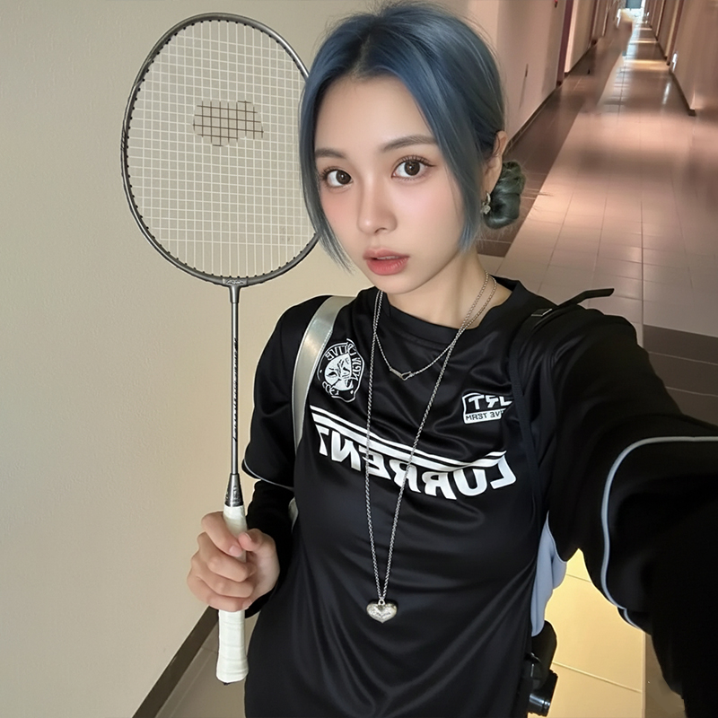 巨好看羽毛球服女式宽松运动舒服美式复古风女羽毛球长袖t恤上衣