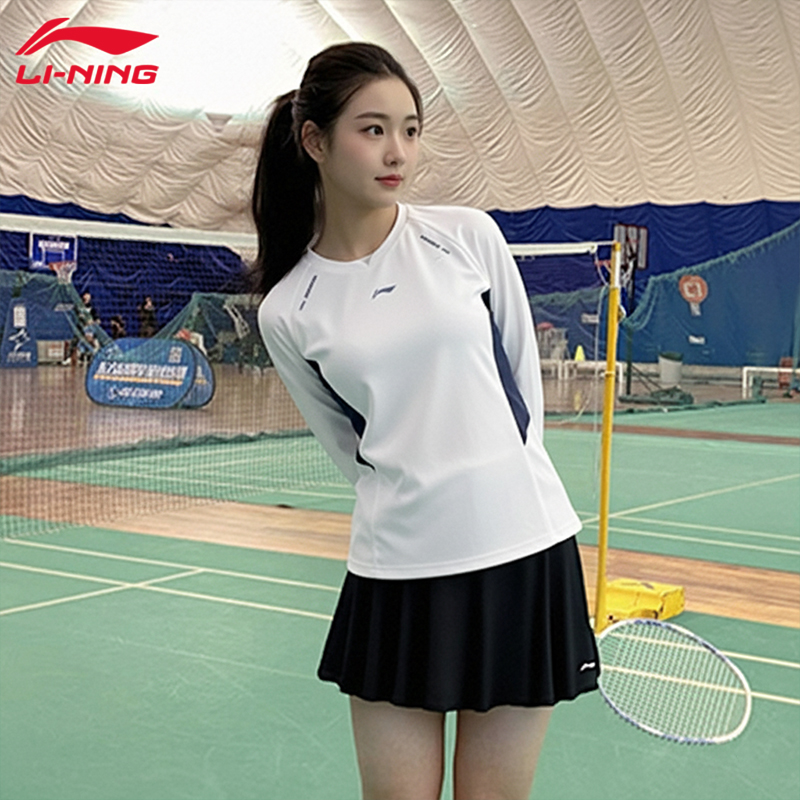 李宁可爱羽毛球服女2025新款长袖青少年秋天撞色修身羽毛球服T恤