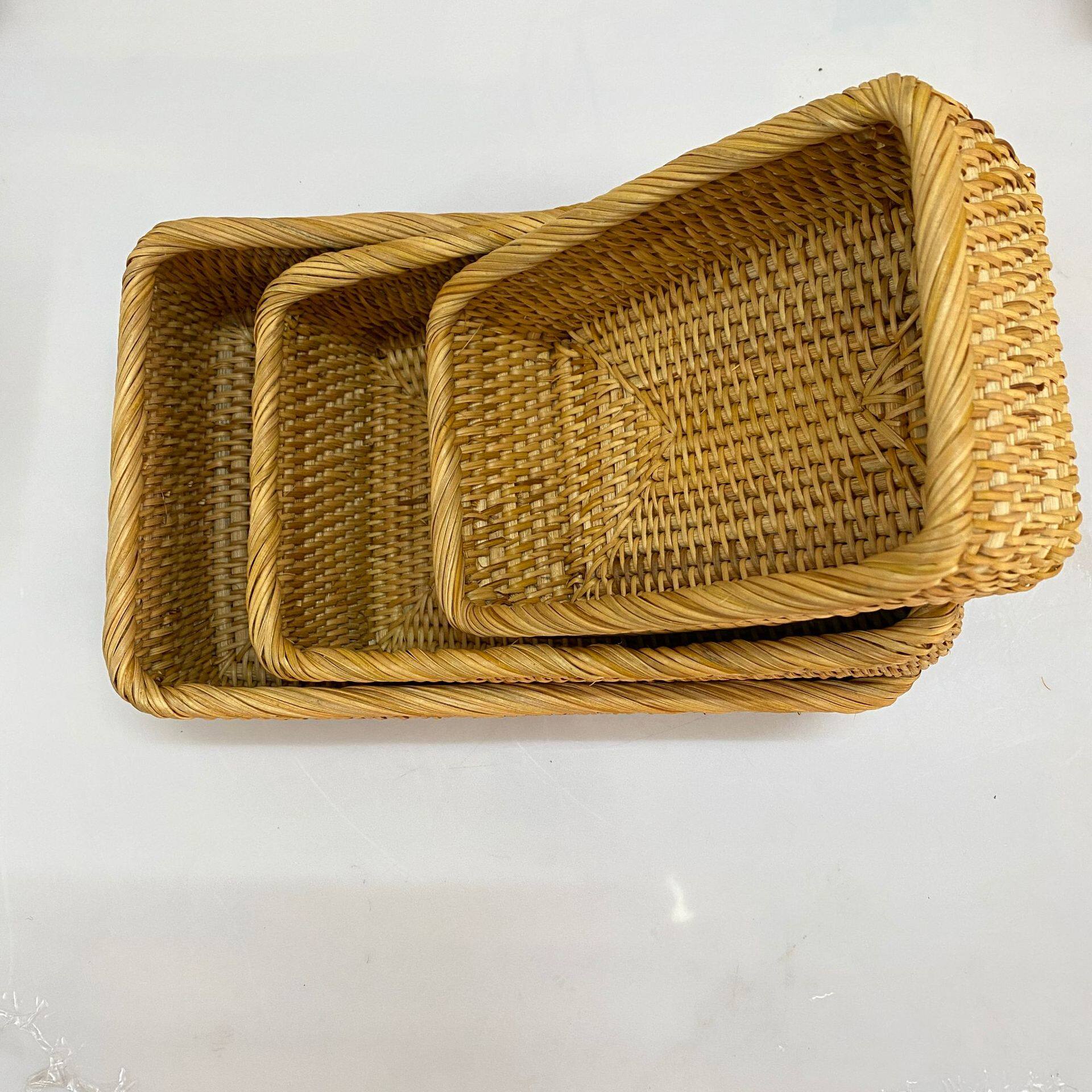 越南秋藤编筐收纳篮水果面包蓝编织零食长方形家用日式桌面篮子