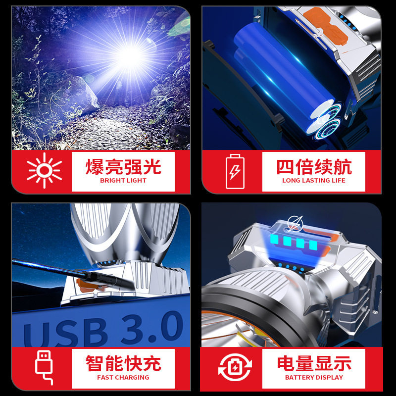 新款头灯可充电远射户外露营夜钓鱼灯led头戴式电筒探照灯矿灯