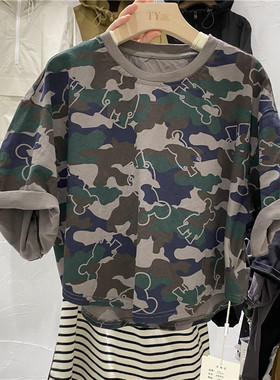 TY1980女装2023夏季新款韩版宽松圆领时尚短款迷彩短袖t恤女86088