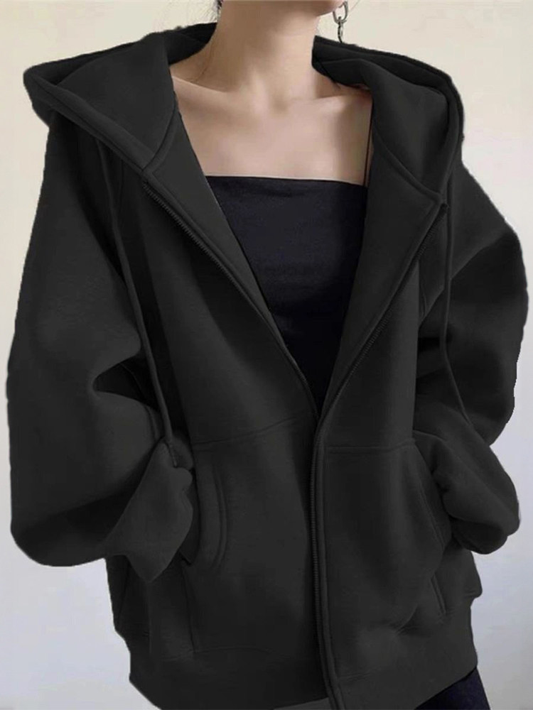 Autumn and winter black women's fleece jacket, 2025 new popular loose cardigan, early autumn hooded top
